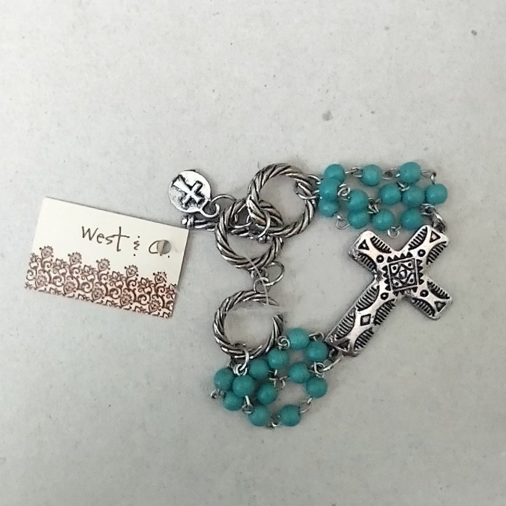 West & Co. Etched Silver Cross and Turquoise Bead Bracelet